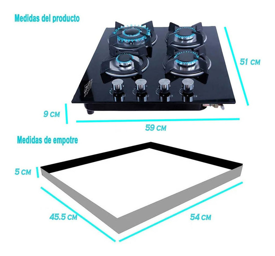Parrilla empotrable 4 quemadores vidrio negro encendido electrónico 